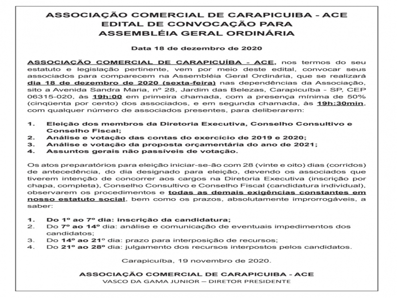 Notícia: EDITAL DE CONVOCAÇÃO PARA ASSEMBLÉIA GERAL ORDINÁRIA